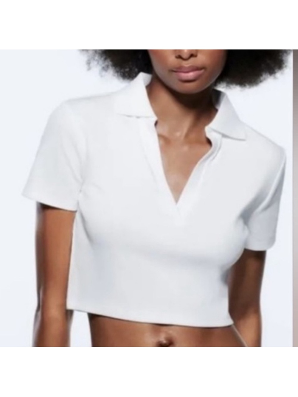 Zara White Crop Top Polo Shirt Small